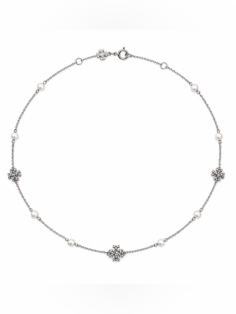 Tory Burch Delicate Pearl and Crystal Station Necklace - Silver Tone